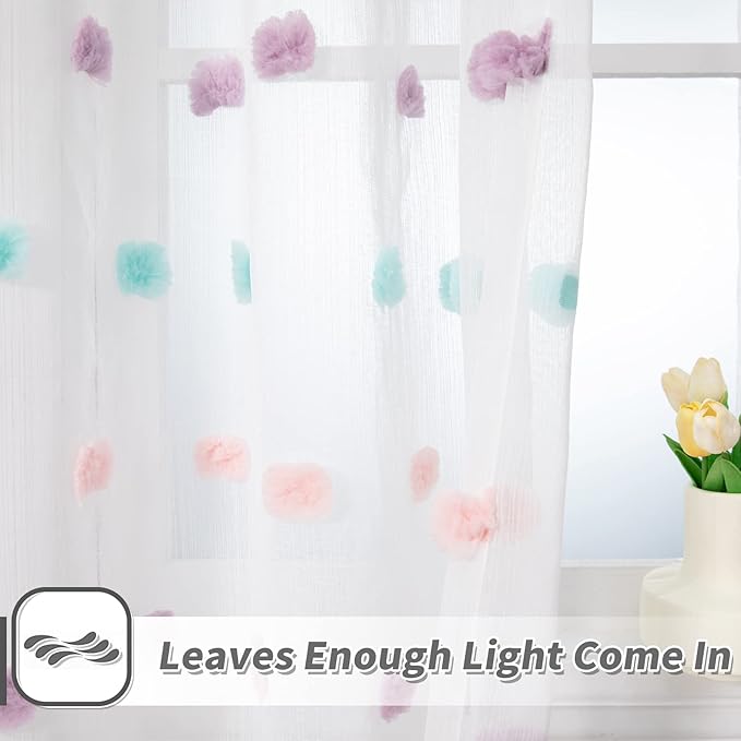 MYSKY HOME 95 Inch Curtains 2 Panels Living Room Rainbow Pom Pom Curtains for Bedroom Sliding Door Semi Sheer Boho Curtains Backdrops Dining Room Windows Drapes Rod Pocket 52 x 95 inch