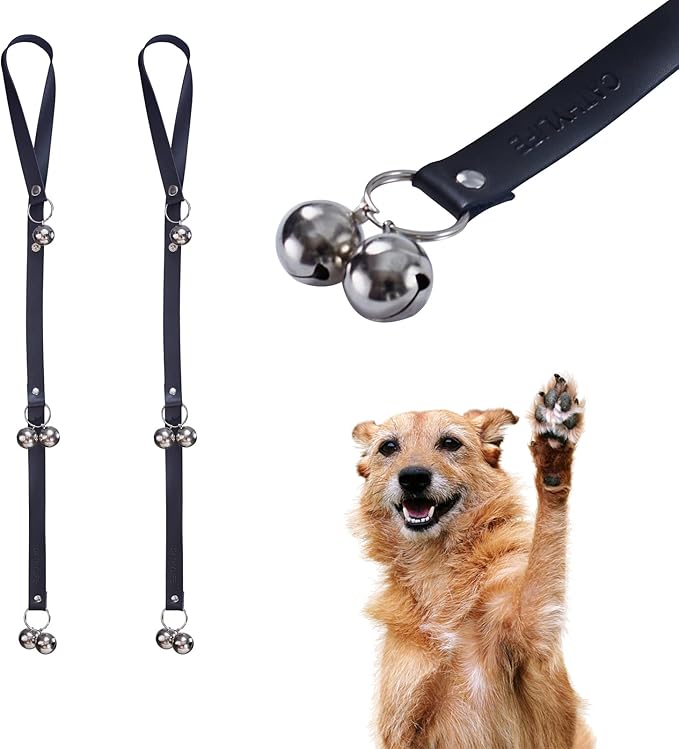 Leather Dog Doorbells for Door Knob/Potty Training/Go Outside, Length Adjustment Copper Dog Bell, Housetraining Hanging Bell, Black Leather Silver Bells - 2 Pack-Mewly Pet