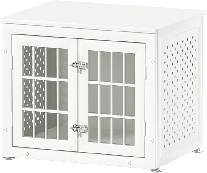26" Heavy Duty Dog Crate Furniture for Small Dogs, Metal Kennel for High Anxiety Dogs, Chew Proof Pet Cage Indoor, Decorative Kennel End Table, White-Mewly Pet