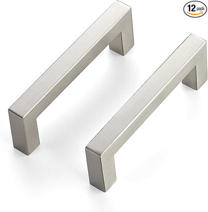 JOY DECOR 12 Pack Cabinet Handles, Brushed Nickel Cabinet Pulls, 3-3/4 Inch Kitchen Closet Handles Square Drawer Pulls Stainless Steel Drawer Hardware, 96mm Hole Centers