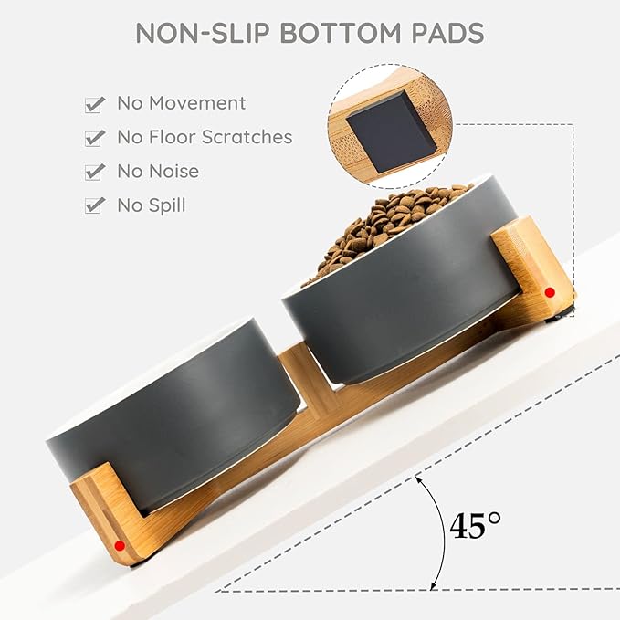 SPUNKYJUNKY Ceramic Dog and Cat Bowl Set with Wooden Stand, Modern Cute Weighted Food Water Set for Small Size Dogs (13.5OZ) & Medium Sized Dogs (28.7OZ) & Cats (3.6 Cups, 2 × White-Grey)-Mewly Pet