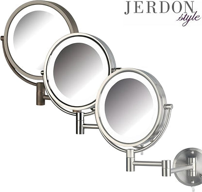 JERDON Wall-Mounted Makeup Mirror with Lights - Direct-Wired Lighted Makeup Mirror with 8X Magnification & Nickel Finish - Model HL88NLD