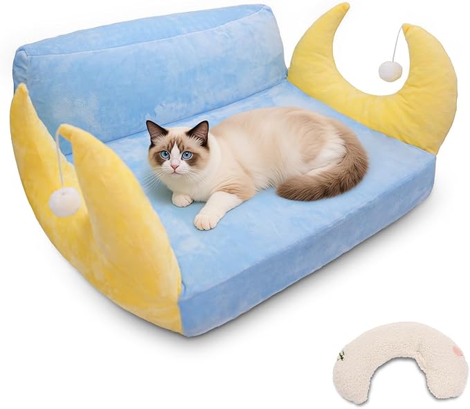 Cat Couch with Soft Pillow, Supportive Dog Couch, Cat Sofa with Removable Cover，Cute Moon Shaped, 24 Inch-Mewly Pet