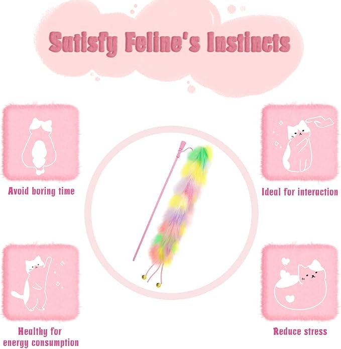 2 Pack Cat Wand Toy, Rainbow Cat Feather Toys with Bells, Teaser Wand with Soft Furry Tail, Interactive Toys for Indoor Cats & Kitten & Kitty-Mewly Pet