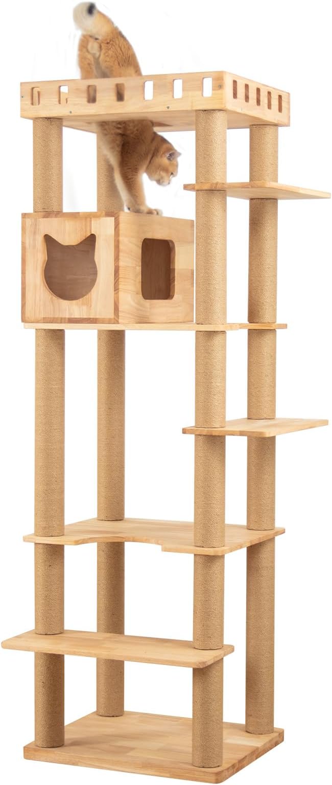 74" Wooden Cat Tree Tower for Large Cats, Multi-Level Cat Climbing Furniture with Scratching Posts, Cat Condo & Hammock, Natural Wood Cat Activity Center(Brown)-Mewly Pet