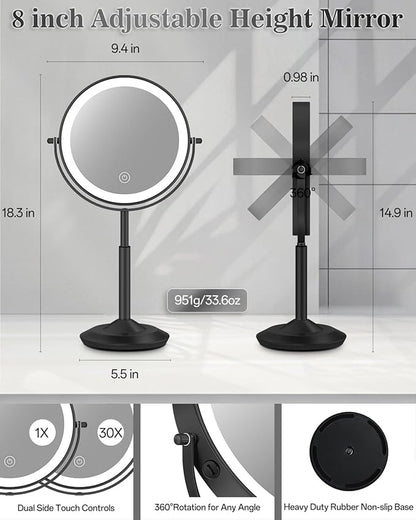 Makeup Mirror with Lights, 1X/30X Lighted Magnifying Mirror Height Adjustable, 3000mAh Rechargeable Double Sided Vanity Mirrors with 3 LED Lighting and Adjustable Brightness for Desk Women Gift
