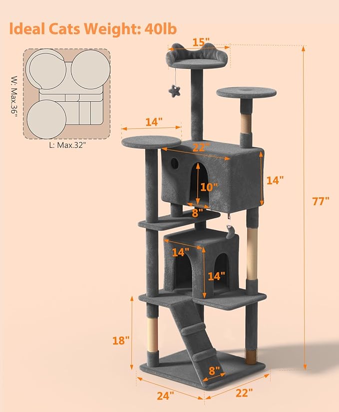 77'' Cat Tree Tower for Indoor Cats Large Adult, Cute/Tall Modern Cat Tree for Big Cats 20 lbs, Plush Multi-Level Cat Condo with Scratching Posts, Dangling Ball (Smoky Gray, 77 inch)-Mewly Pet