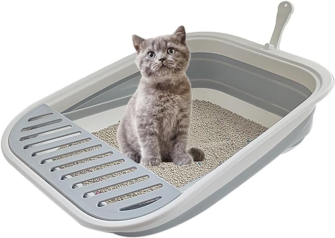 Collapsible Kitten Litter Box, 17.7 x 13.4 x 5 inch Open Cat Potty Pan with Scoop Foldable Shallow Cat Toilet Anti-Splashing Low Entrance Travel Litter Box with Falling Sand Pedal Grey-Mewly Pet