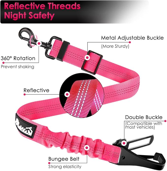 SlowTon 2 Pack Dog Seat Belt, 2 in 1 Attachment, Hook Latch Bar or Seatbelt Buckle with Elastic Nylon Bungee Buffer Adjustable Reflective Nylon Safety Belt Tether Connect to Dog Harness (2pack-FL)-Mewly Pet