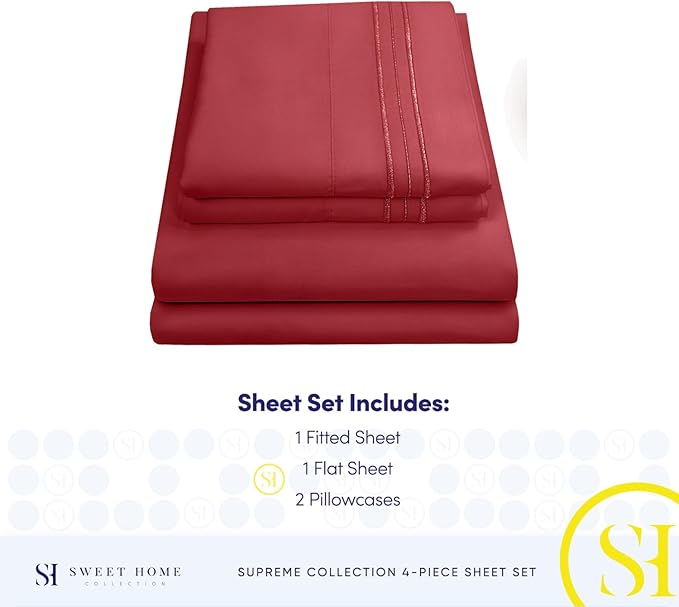 RV Queen Bed Sheets - Breathable Luxury Sheets with Full Elastic & Secure Corner Straps Built In - 1800 Supreme Collection Extra Soft Deep Pocket Bedding Set, Sheet Set, RV Short Queen, Burgundy