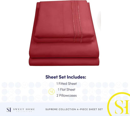 RV Queen Bed Sheets - Breathable Luxury Sheets with Full Elastic & Secure Corner Straps Built In - 1800 Supreme Collection Extra Soft Deep Pocket Bedding Set, Sheet Set, RV Short Queen, Burgundy