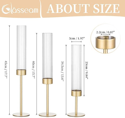 Glasseam Tapered Gold Candlestick Holders: 6 Pcs Tall Brass Taper Candle Holder with Ribbed Glass Cylinder - Hurricane Fluted Candle Holders for Table Centerpiece Wedding Party Christmas Decorations