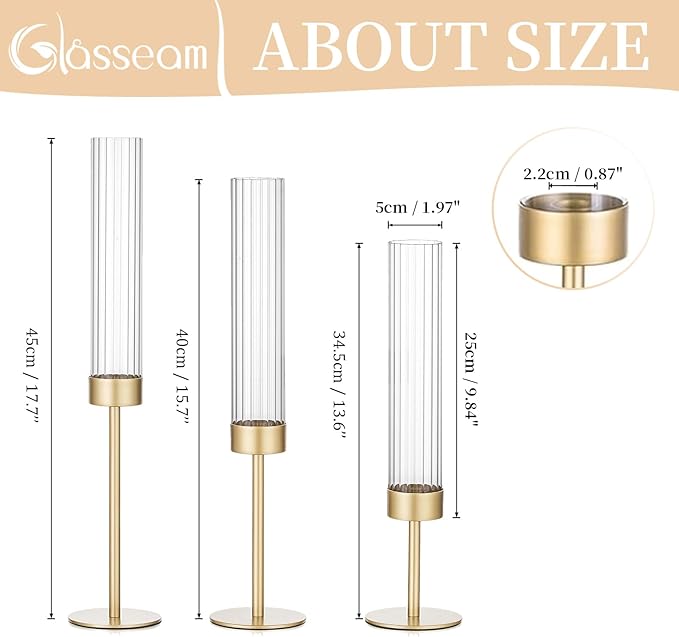 Gold Hurricane Taper Candle Holders: Glasseam 3Pcs Brass Candlestick Holders with Ribbed Glass Cylinder Cover Fluted Tall Candle Sticks Holder Decor for Table Centerpiece Wedding Christmas Decorations
