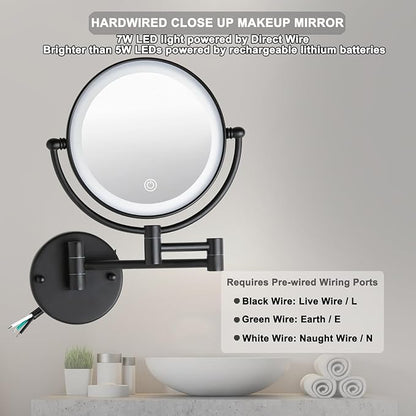 8" Wall Mounted Lighted Makeup Vanity Mirror with 3 Color Lights Stepless Dimming, 1X/10X Magnifying LED 2-Sided Bathroom Touch Sensor Extendable Arm 360 Swivel Shaving Mirror Hardwired, Matte Black