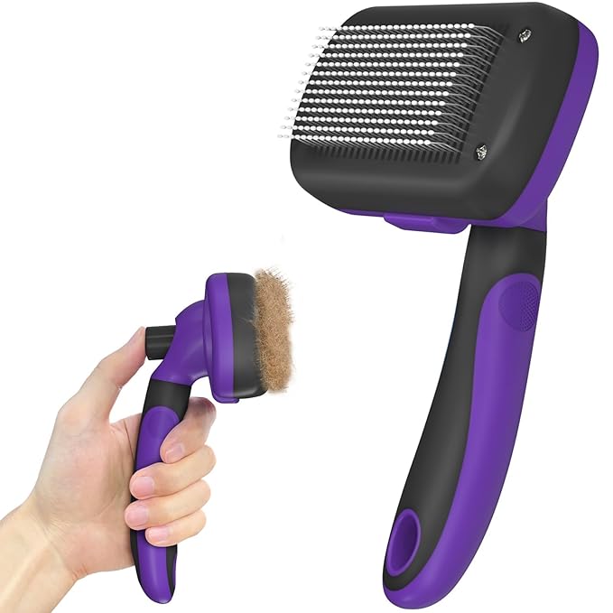 Self Cleaning Cat & Dog Grooming Brush - Skin Friendly Deshedding Hair Brush for Haired Dogs & Puppies, Purple-Mewly Pet