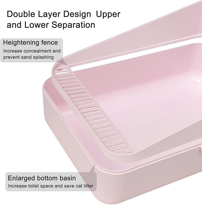 Sfozstra Open High-Sided Litter Box: Pink Medium Anti-Scatter Design - Self-Cleaning Sifting Tray - Low Tracking for Small Cats-Mewly Pet