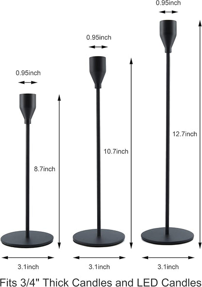Matte Black Taper Candle Holders, Set of 3 Metal Candlestick Holders for Candle Sticks Holder Decor, Ideal for Mantle Table Centerpiece, Weddings, Dining, Housewarming Gift & Anniversaries