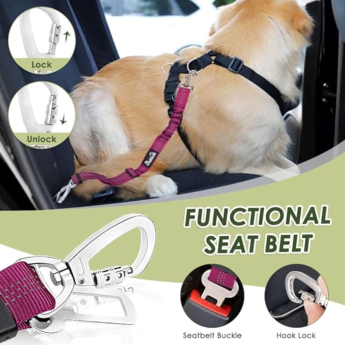 Lukovee Dog Seat Belt for Car, Adjustable Dog Car Harness for Large Medium Small Dogs, Soft Padded & Breathable Mesh Dog Seatbelt with Car Strap and Carabiner(Rose Double Clip,Small)-Mewly Pet