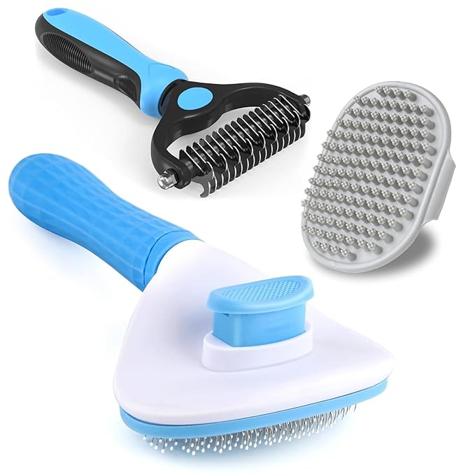 3PCS Dog Grooming Brush - Dog Brush for Shedding Massaging Bathing - Double Sided Shedding, Dematting Undercoat Rake - Self Cleaning Slicker Comb for Dogs and Cats with Long or Short Coats-Mewly Pet