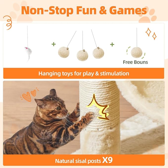 Taoqimiao Large Cat Tree，73-Inch Cat Tree Tower with 9 Scratching Posts for Indoor Cats, 2 Large Cat Condo with Hammock, Hanging Basket, 2 Extended Platform, Beige MS013XLM-Mewly Pet