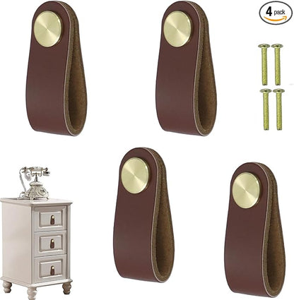 Leather Drawer Pulls and Knobs Soft Cabinet Handles Modern Cabinets Door Knob for Furniture Cupboards Wardrobe Dresser Decorative Handle with Screw 4 Pcs (Red Brown)