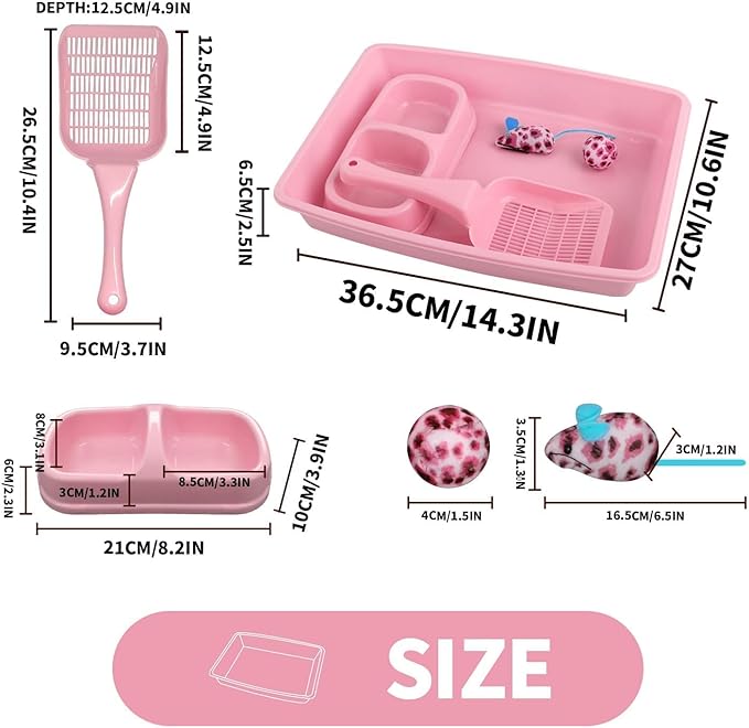 PAWISE Cat Litter Box Set, Small Kitten Starter Kit, Includes Litter Box, Litter Scoop, Double Dish Feeding Bowl, Cat Mouse Toy, Kitty Ball Toy, Pink-Mewly Pet