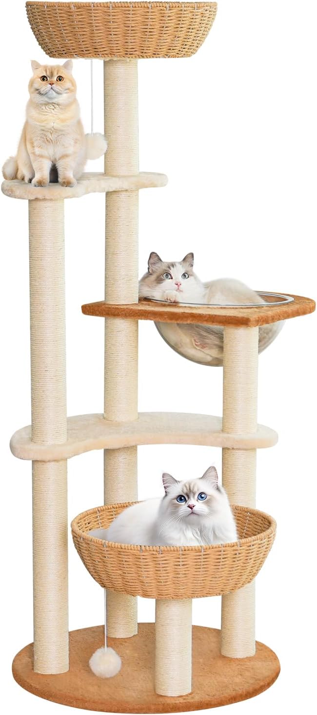 Modern Cat Tree Tower,Hand-Woven Ma Teng cat nest, Sisal-Covered Scratching Posts for Indoor Cats, Multi-Level Cat Condo with Space Capsule Nest, Tall Cat Tree for Multiple Large Cats-Mewly Pet