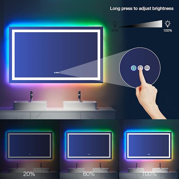LOAAO 40”X38“ RGB LED Bathroom Mirror with Lights, Large, Anti-Fog, Dimmable Smart Lighted Bathroom Vanity Mirror, Multiple Light Modes, RGB Backlit + Front Light, Memory Function, Tempered Glass