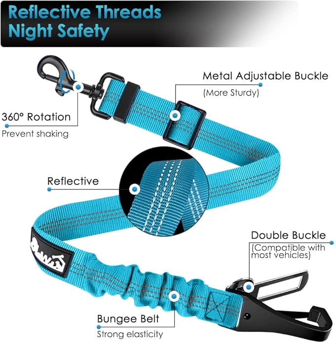 SlowTon Dog Seat Belt, Adjustable Dog Safety Belt Leash, 2 in 1 Latch Bar Attachment Dogs Car Seatbelt with Elastic Nylon Bungee Buffer, Reflective Nylon Belt Tether Connect to Dog Harness (Blue)-Mewly Pet