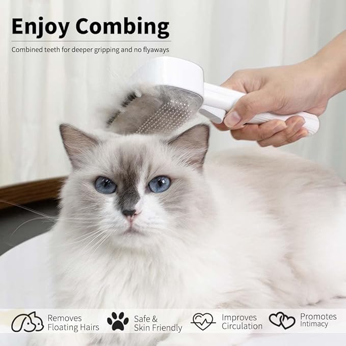 Marchul 2-in-1 Cat Grooming Brush, Cat Brushes with Release Button & Deshedding Dematting Rake, Grooming Comb Tool for for Long or Short Haired Pets, Reduce Shedding, Remove Knots and Massage, White-Mewly Pet