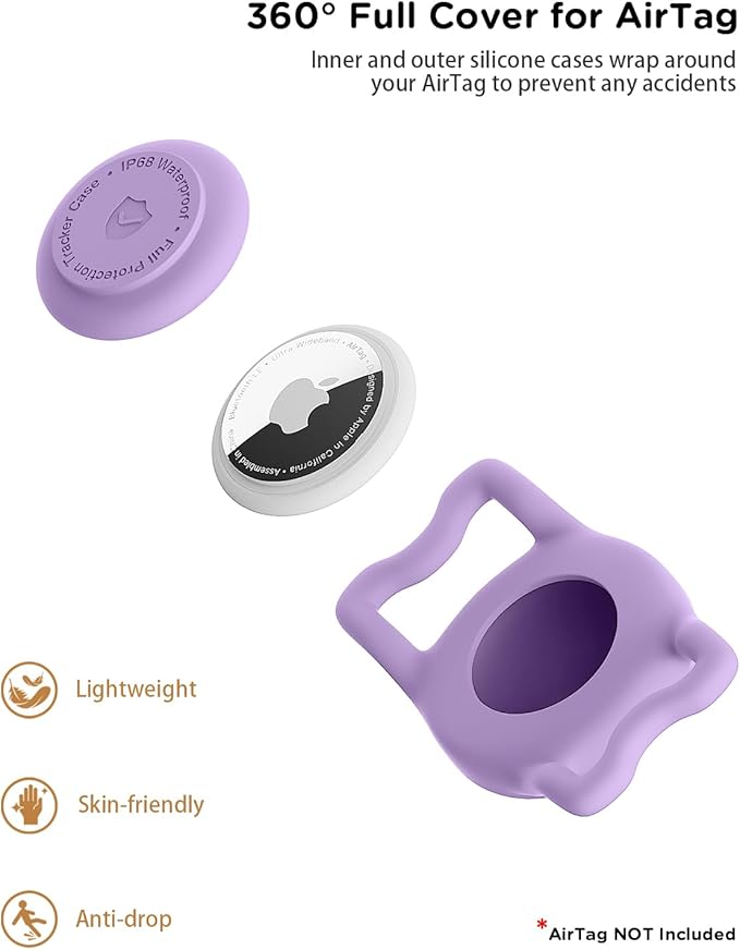 IP68 Waterpoof Dog Airtag Holder, Stretchy Silicone Full Body Covered Apple Air Tag Holder for Dog Cat Collar Fit All Width Collar (Purple, 1 Pack)-Mewly Pet