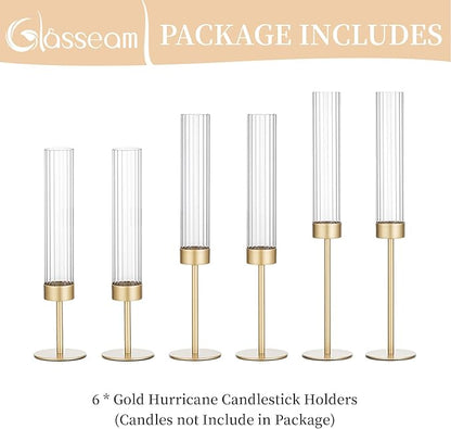 Glasseam Tapered Gold Candlestick Holders: 6 Pcs Tall Brass Taper Candle Holder with Ribbed Glass Cylinder - Hurricane Fluted Candle Holders for Table Centerpiece Wedding Party Christmas Decorations