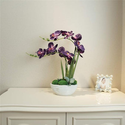 Large Artificial Potted Orchid Plant, Silk Flower Arrangement with Ceramics Vase, Dark Purple