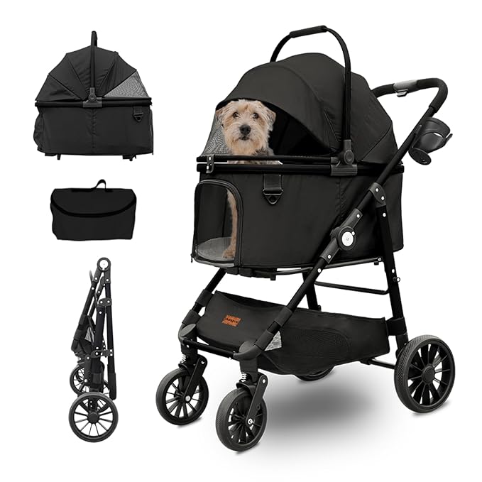 Dog Cat Stroller, Foldable 4 Wheels Dog Stroller for Small Medium Dogs 20 lbs,Pet Strollers for Large Dogs 50lbs, Stable Anti-Shock Detachble Carrier,with 360°Swiveling Front Wheel forTravel-Mewly Pet