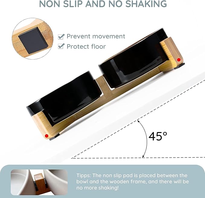 SPUNKYJUNKY Ceramic Dog and Cat Bowl Set with Wooden Stand, Modern Cute Weighted Food Water Set for Small Size Dogs (13.5OZ) & Medium Sized Dogs (28.7OZ) & Cats (1.7 Cups, 2 × Starry Blue)-Mewly Pet