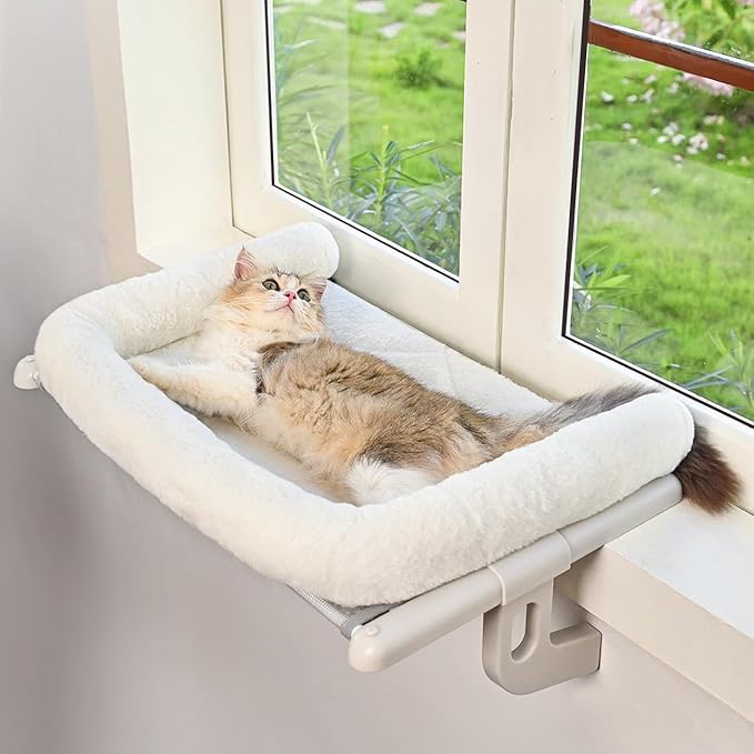 Cat Window Sill Perch with Large Bolster, Easy to Adjust & Assemble Cat Window Seat for Windowsill & Bedside, Pet Hammock Bed for Large Cats and Kittens (White, L)-Mewly Pet