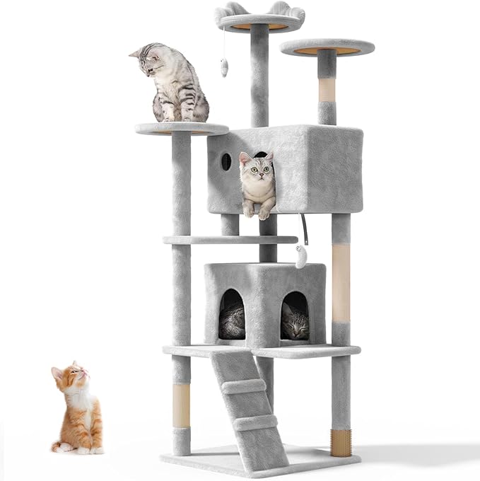 70'' Cat tree Tower for Indoor Cats Large Adult,Cute/Tall Modern Cat Tree for Big Cats 20 lbs,Plush Multi-Level Cat Condo with Scratching Posts,Dangling Ball for fun play(Light Gray, 70 inch)-Mewly Pet