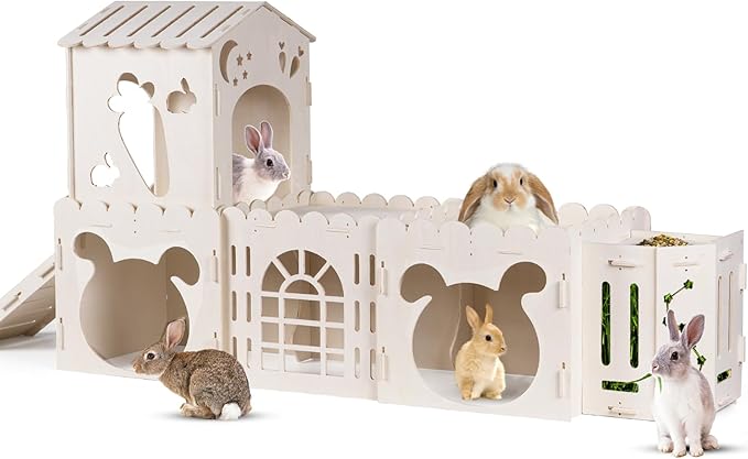 Extra Large Rabbit House, Wooden Bunny House Hideout with 4 Houses and Hay Feeder Indoor, Rabbit Guinea Pig Hideout Multistory Climbing Tower Sturdy Wooden Castle, Small Animal Hideaway Tunnel-Mewly Pet