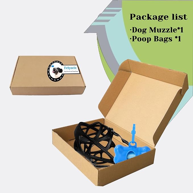 Dog Muzzle, Breathable Basket and Soft Cage Black Dog Mouth Cover,Anti-Biting, Barking and Chewing for Small Medium Large Dogs, 1 Pack Poop Bags for Dogs (L)-Mewly Pet