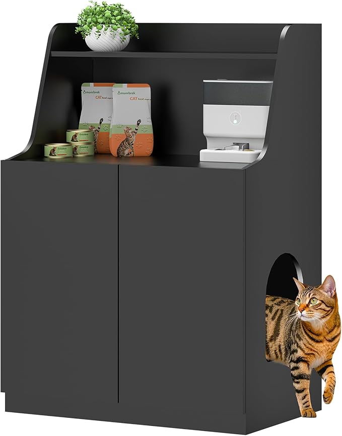 Large/Tall Litter Box Enclosure, Modern Wooden Litter Box Furniture for XL Litterbox with Open Shelf as Sideboard Cabinet (Black)-Mewly Pet
