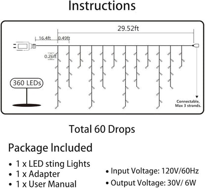 Toodour Christmas Icicle Lights Outdoor, 360 LED 29.5ft 8 Modes Fairy Icicle String Light with 60 Drops, Led Christmas Lights Twinkle for Holiday, Party, Wedding, Eaves, Xmas Decorations (Multicolor)