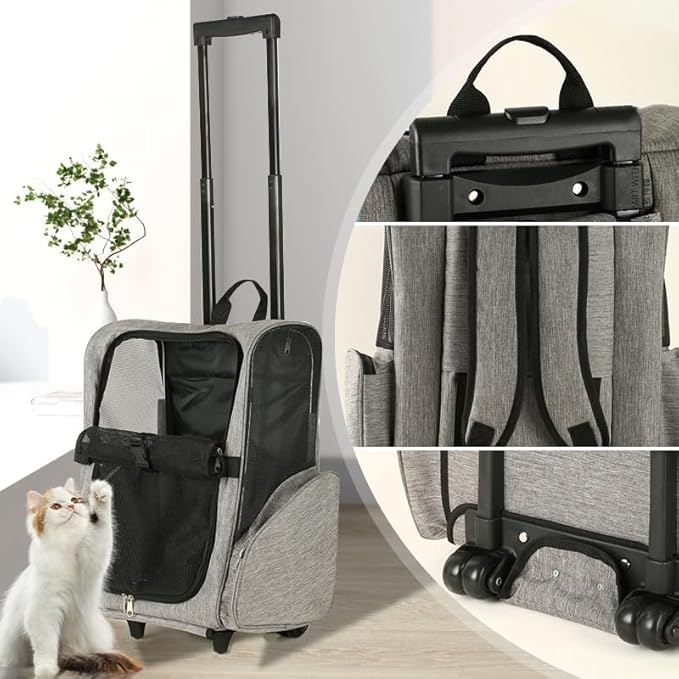 Pet Trolley Bag Cat Dog Travel Bag Portable & Breathable Pet Carrier Backpack - Lightweight Dual-Shoulder Design for Easy Travel with Your Beloved Companion Scalable Pull Rod pet Bag (Grey)-Mewly Pet