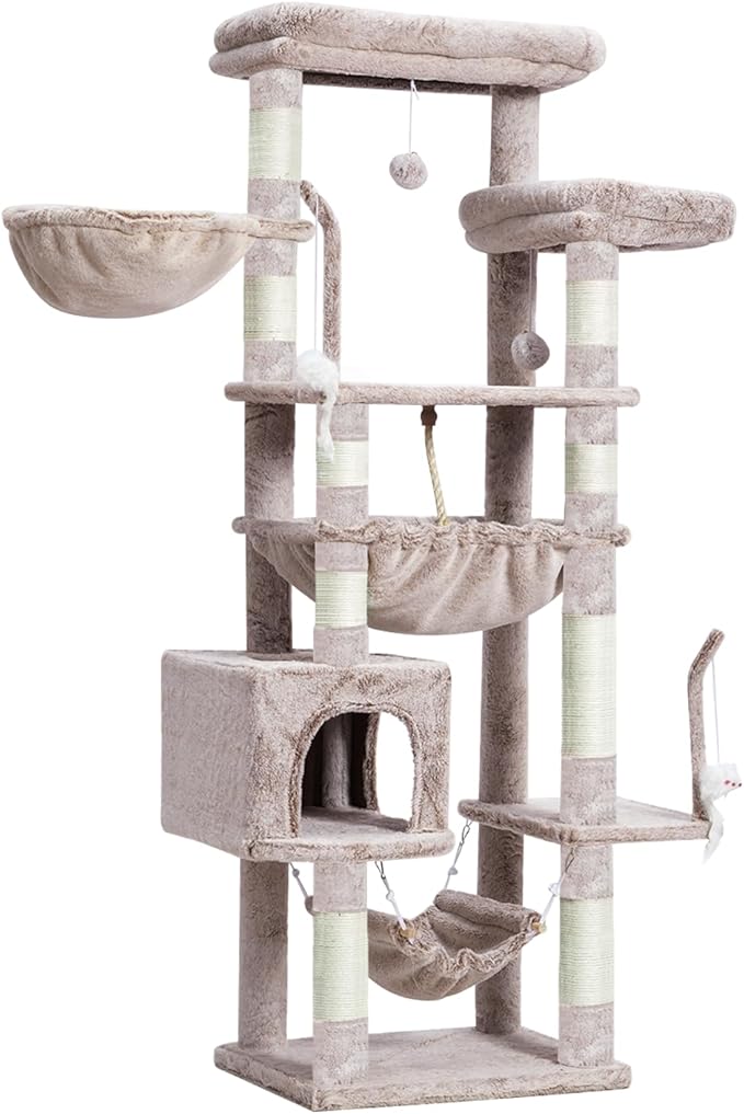 Cat Tree, Cat Tower for Large Cats with 2 Big Platforms, 2 Baskets, condo and Toys, 63" Cat Scratching Posts for Indoor Cats, Muchroom GCT020MU-Mewly Pet
