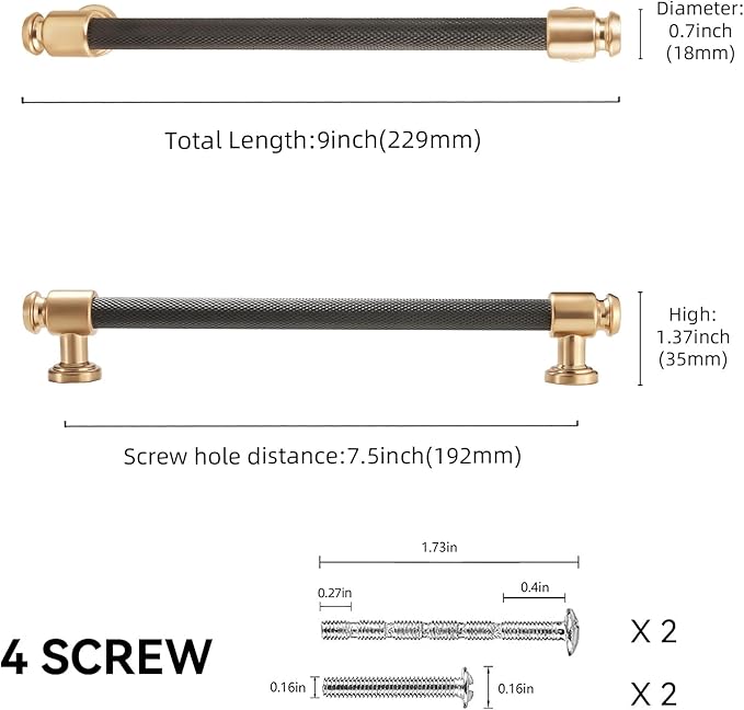 10 Pack 7-1/2 inch(192mm) Black and Champagne Bronze Kitchen Cabinet Handles Knurled Cabinet Pulls Black Drawer Pulls Kitchen Cabinet Hardware