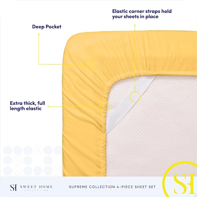 RV Queen Bed Sheets - Breathable Luxury Sheets with Full Elastic & Secure Corner Straps Built In - 1800 Supreme Collection Extra Soft Deep Pocket Bedding Set, Sheet Set, RV Short Queen, Yellow