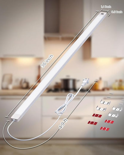 MYPLUS 2Pcs 36 Inch Under Cabinet Lights with Hand Wave, Under Counter Lighting 4000K Natural White,Dimmable,Plug and Play,LED Lights for Kitchen Cabinet, Cupboard, Closet, Desk