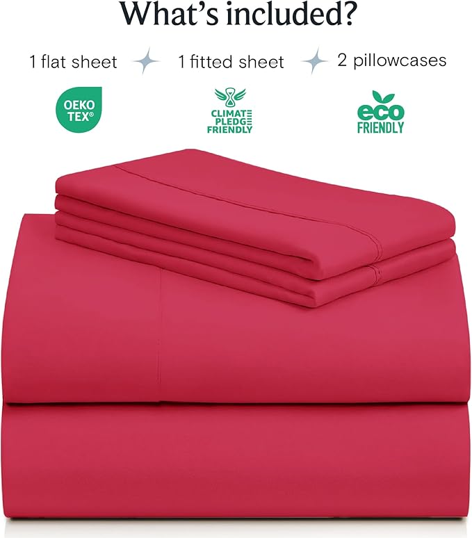 LuxClub 4 PC Sheet Set Bed Sheets Deep Pockets 16" Eco Friendly Wrinkle Free Cooling Machine Washable Hotel Bedding Silky Soft - Red Queen