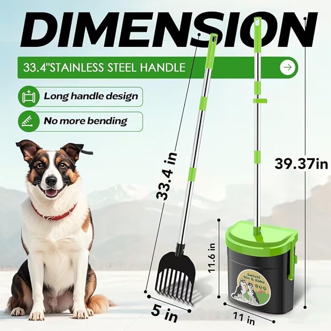 UPSKY Dog Pooper Scooper Swivel Bin & Rake Kit with 100 Waste Bags,33.4" Stainless Steel Long Handle Heavy Duty Pet Poop Shovel for Large Medium Small Dogs, Odor-Proof Lid for Yard/Lawn/Outdoor Use-Mewly Pet