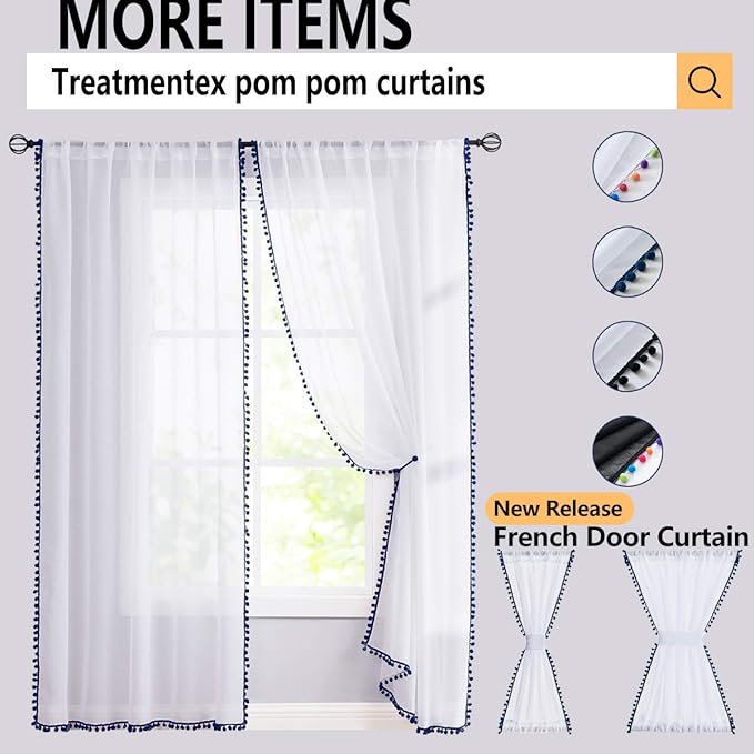 Treatmentex Pom-Pom Sheer White Curtains Extra Long 108-inch for Living Room, Slub Linen Textured White Sheer Window Drapes for Bedroom 2 Pack 52" w