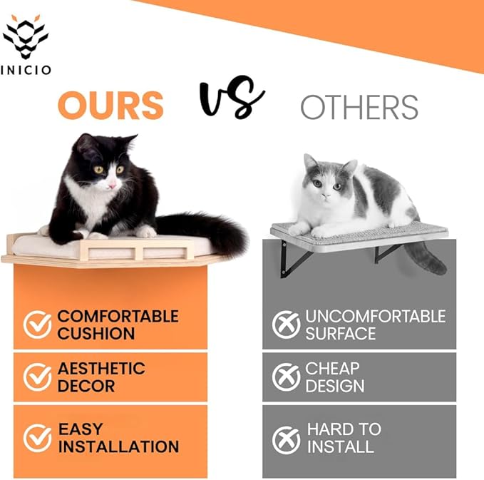 INICIO Cat Wall Shelves - Modern and Durable 3 Step Cat Furniture for Wall - Stylish Birch Floating Shelf for Cats up to 15lbs - Wooden Corner Shelves with Cushioned Perch - Natural Wood